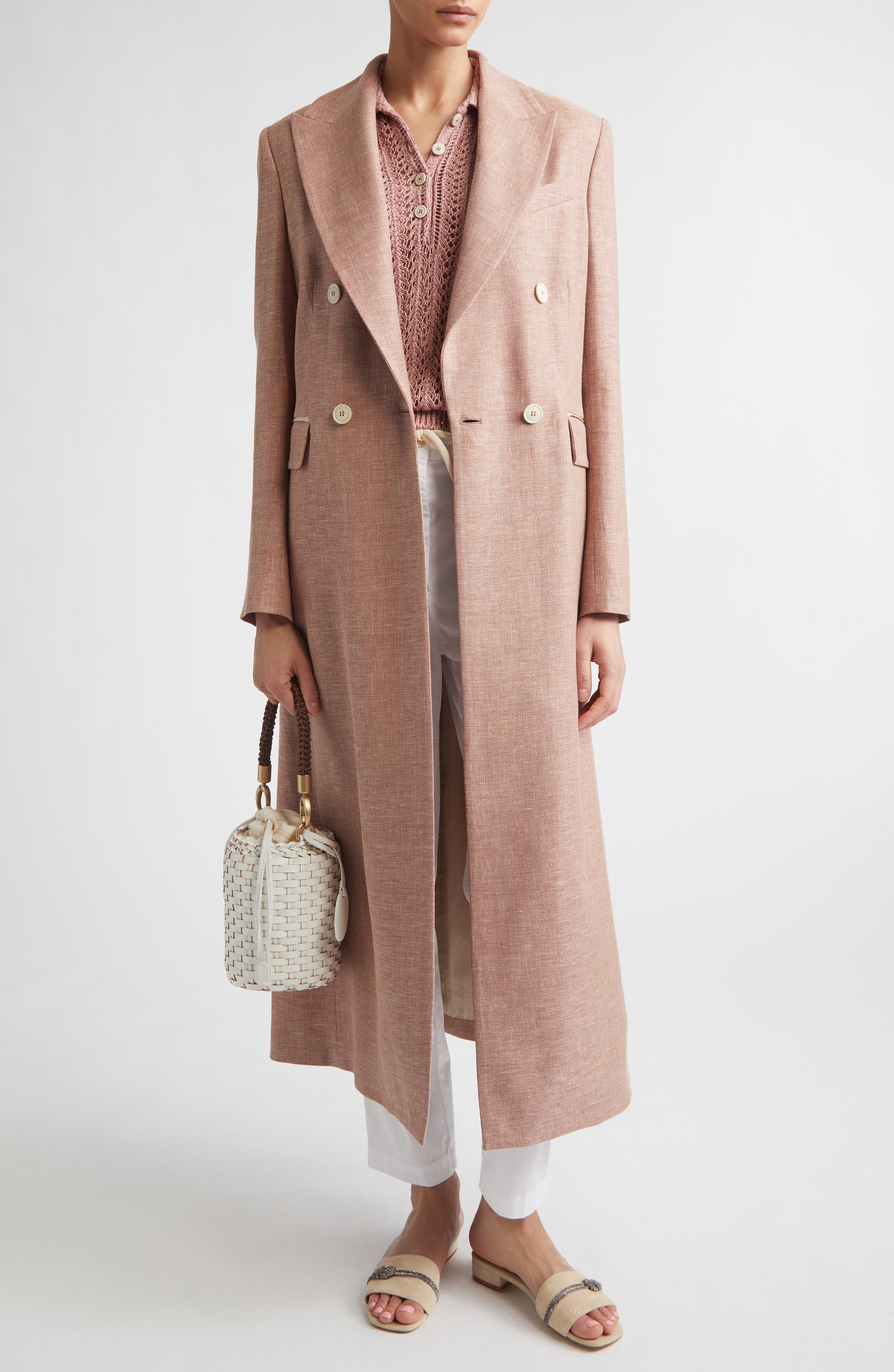 Zegna Double Breasted Stretch Linen, Wool & Silk Duster - image 2