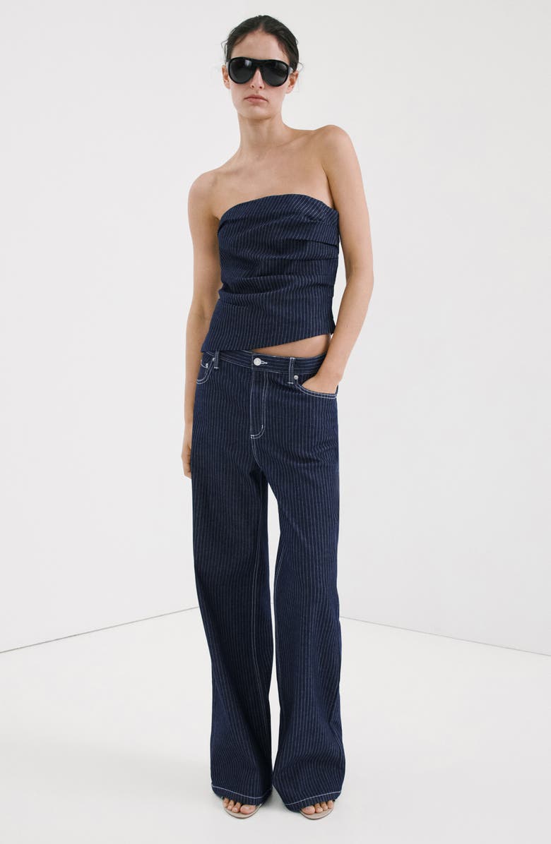 MANGO Isola Pinstripe Denim Strapless Top, Alternate, color, Indigo Blue