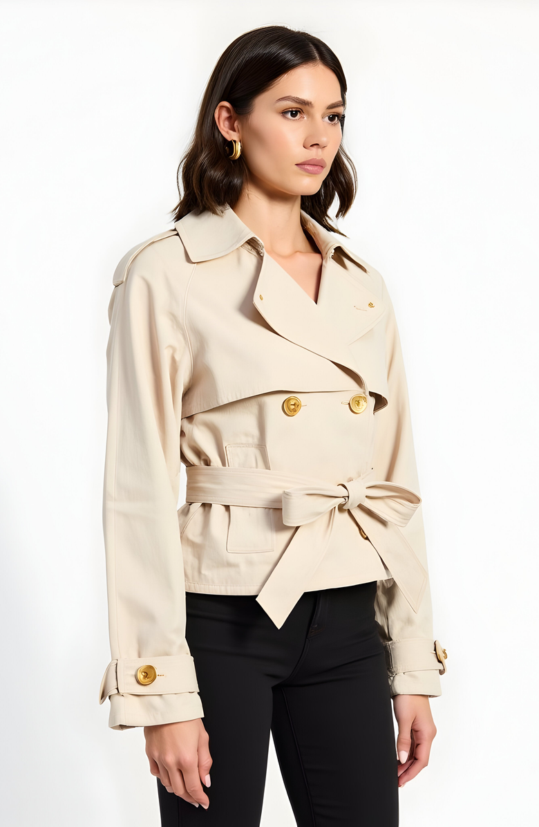 Modenaire Cropped Double-Breasted Trench Jacket with Waist Tie, Alternate, color, Beige