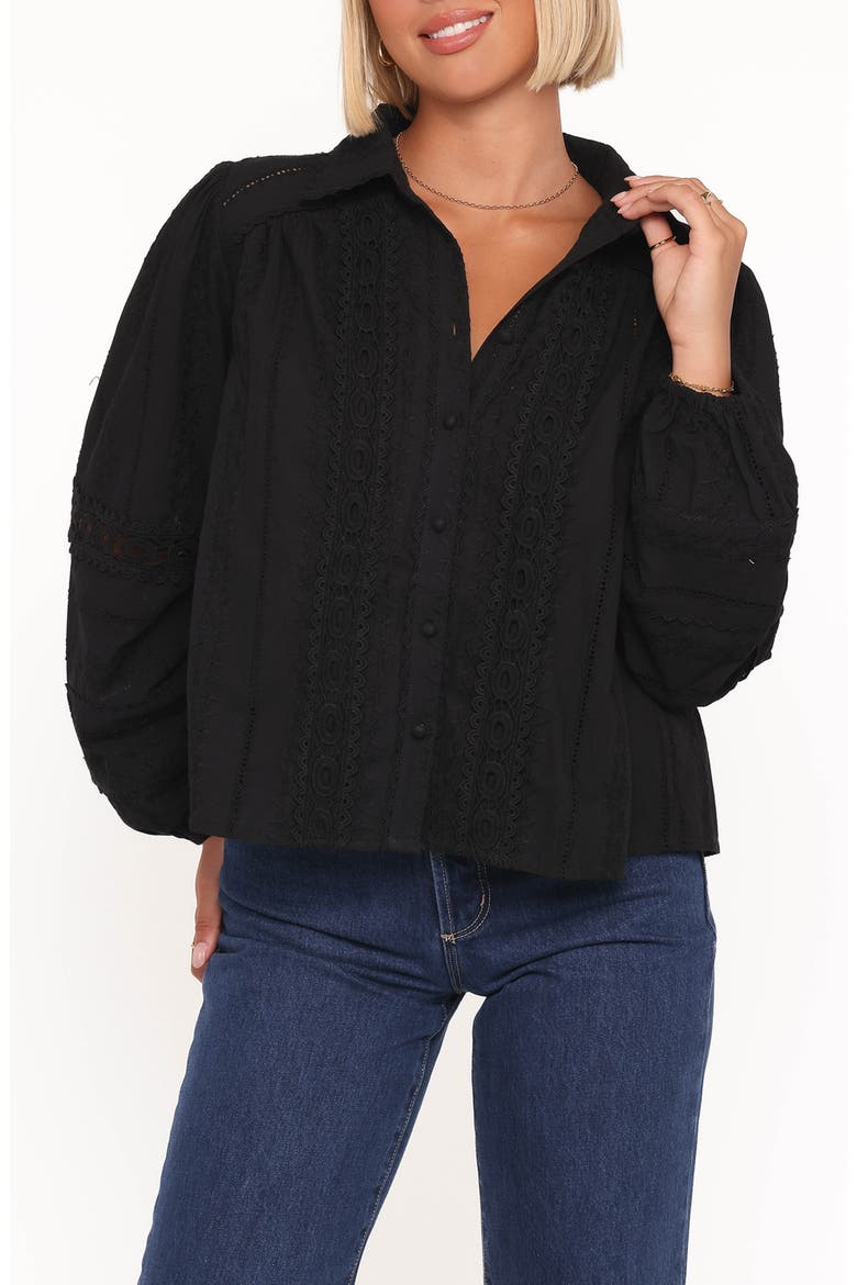 Catania Lace Panel Cotton Button-Up Shirt, Main, color, BLACK
