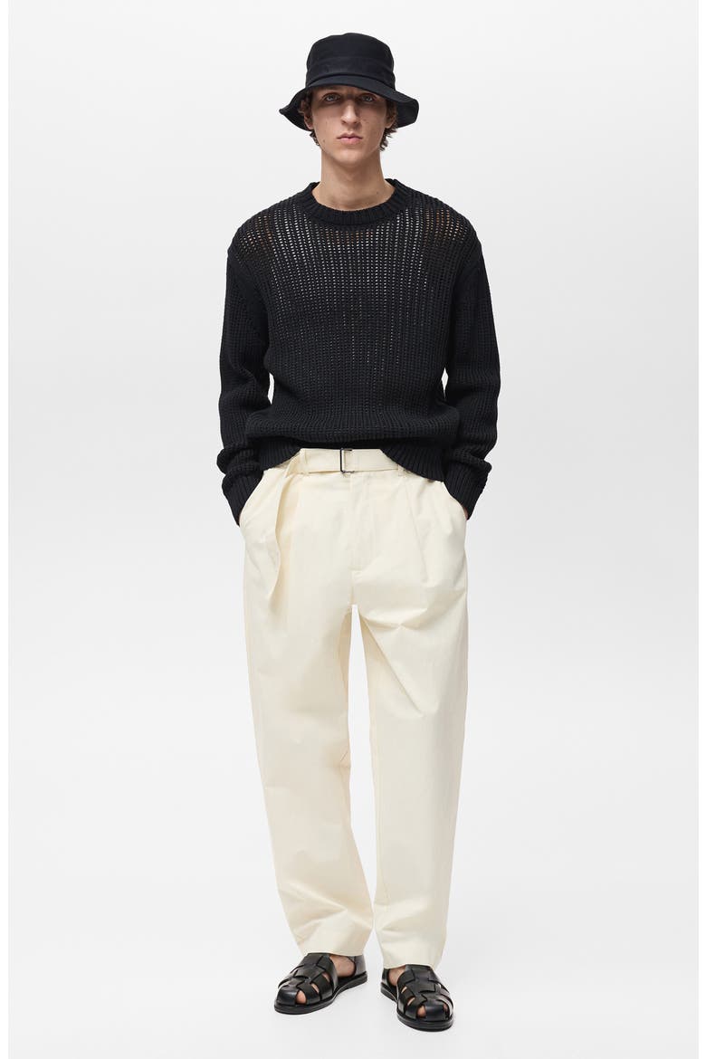 Oversize Openwork Cotton Crewneck Sweater, Alternate, color, BLACK