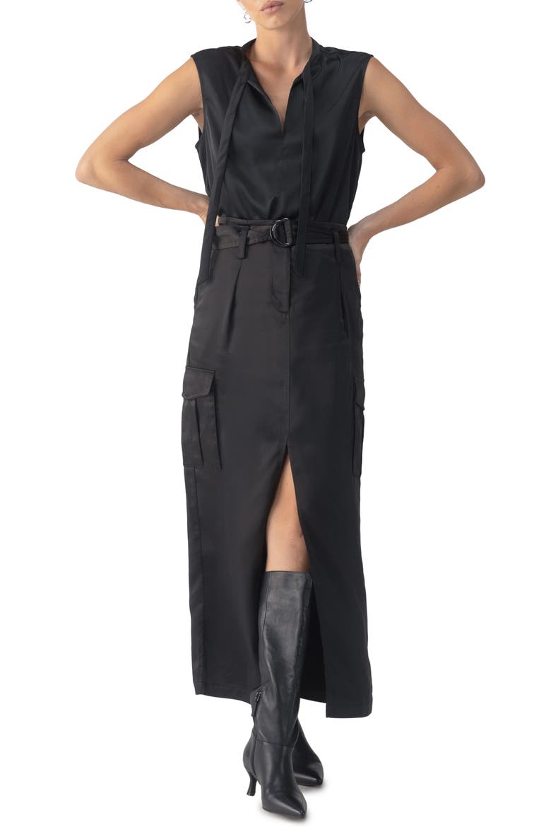 Tie Neck Satin Shell, Alternate, color, BLACK