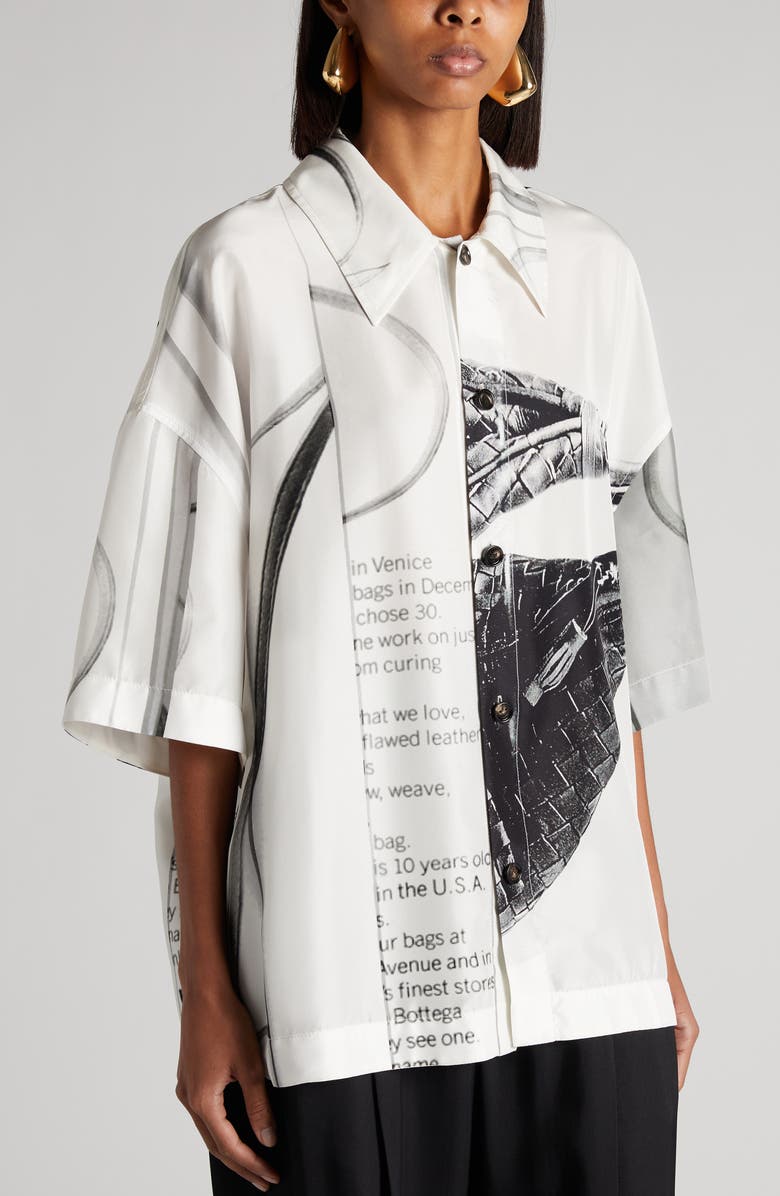 Bottega Veneta Campaign Print Oversize Silk Button-Up Shirt, Alternate, color, 9060 Chalk/ Black
