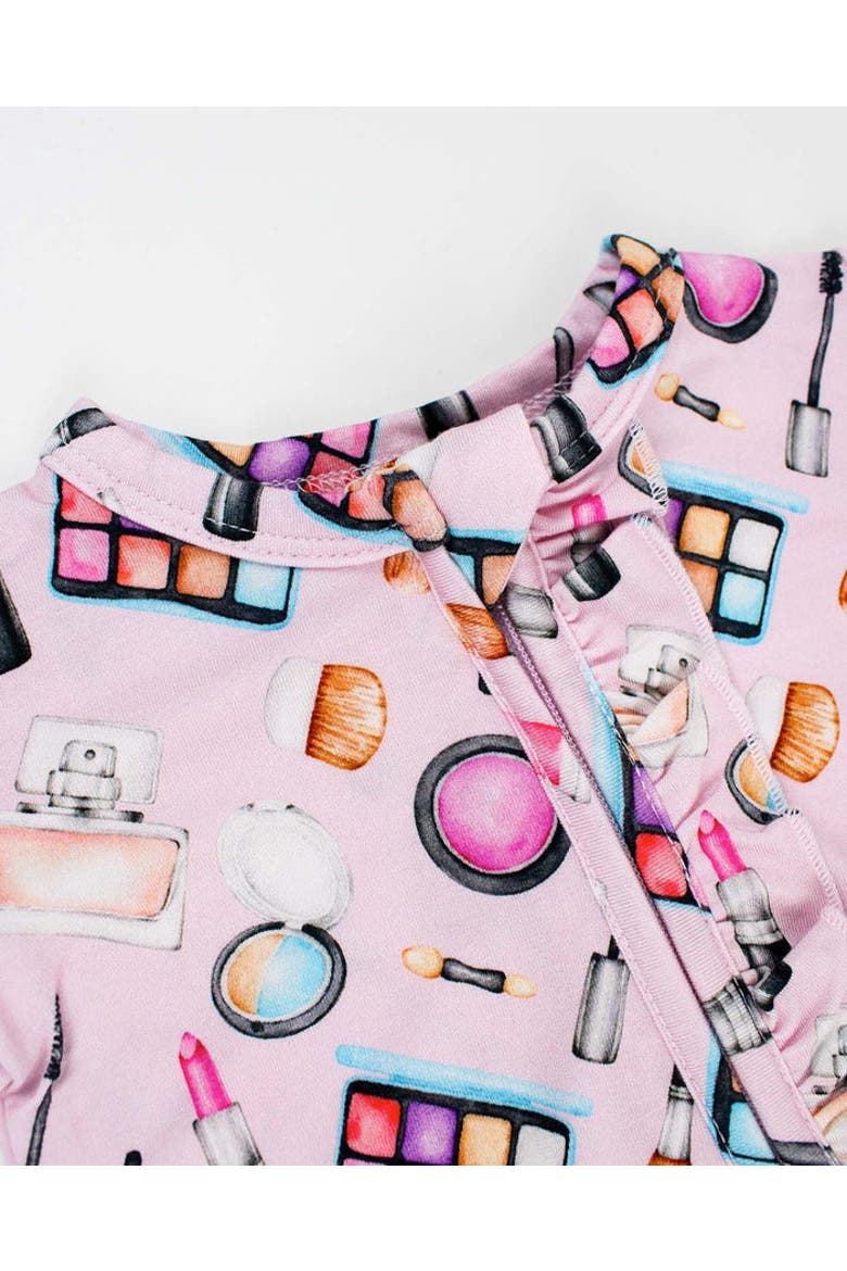 Makeup Print Ruffled Footie Pajamas, Alternate, color, Pink