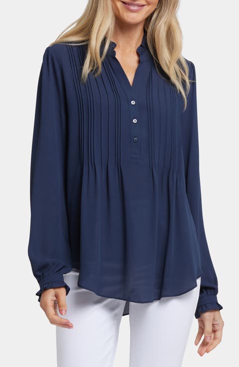 Pleated Yoke Long Sleeve Peasant Blouse