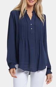 NYDJ Pleated Yoke Long Sleeve Peasant Blouse