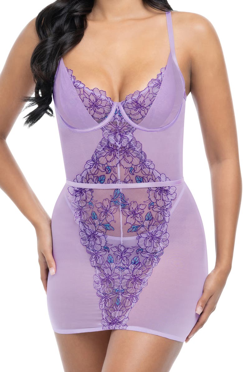 Oh La La Cheri Lavender Underwire Chemise & G-String Set, Main, color, Graphic Garden 041/Lavendula