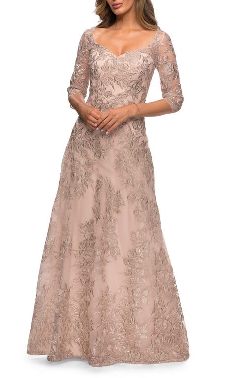 La Femme Long Lace A-line Three Quarter Sleeve Gown In Champagne