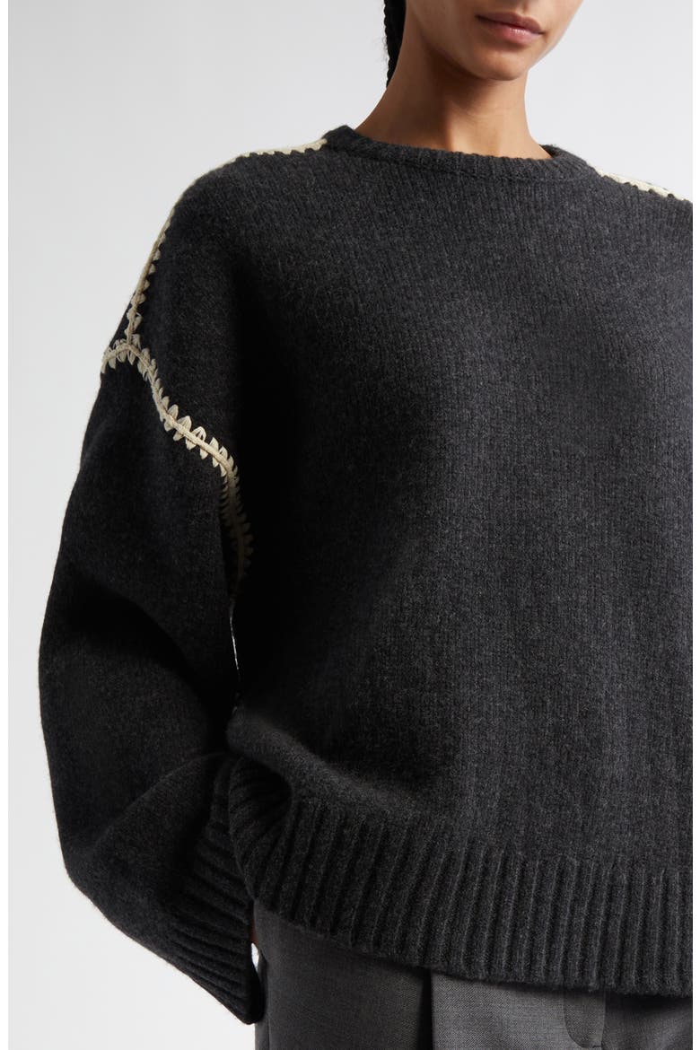 Shell Stitch Trim Wool, Cashmere & Cotton Sweater, Alternate, color, GREY MELANGE 074