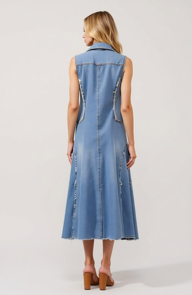Modenaire Sleeveless Denim Midi Dress with Frayed Seams and Button Front, Alternate, color, Blue