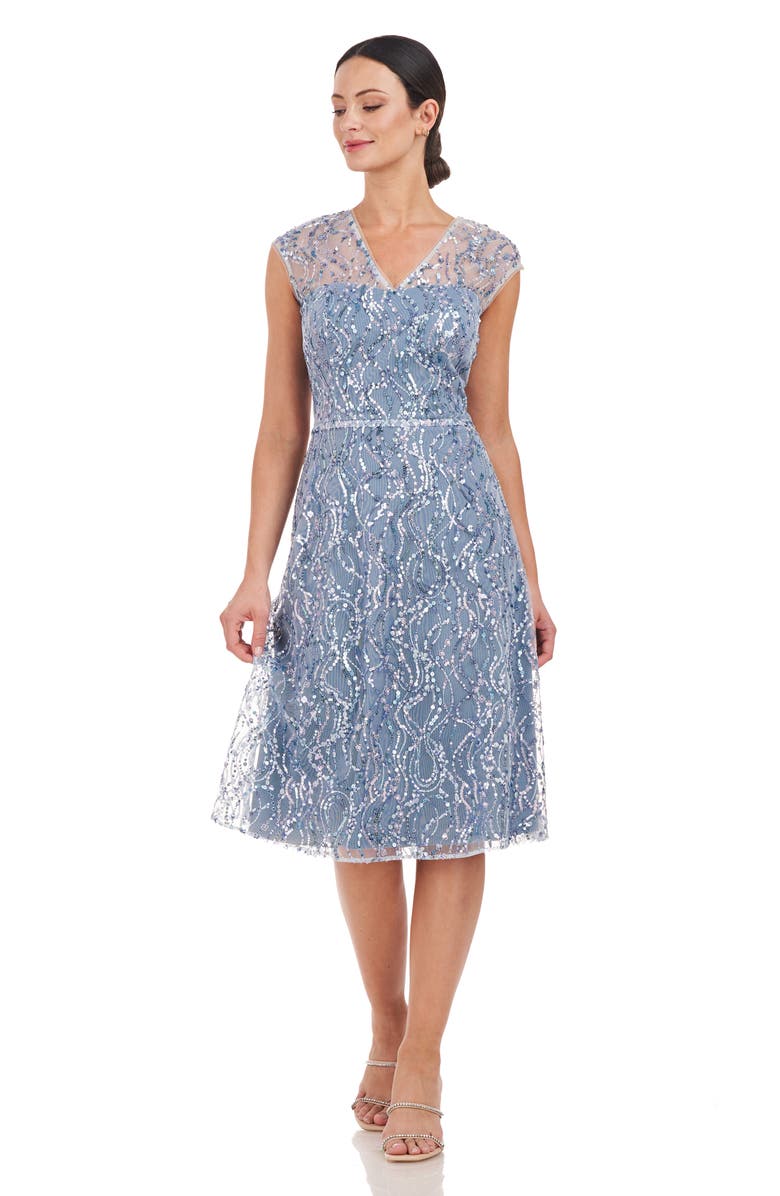 JS Collections Jay Sequin Illusion Neck Cocktail Dress, Alternate, color, Baby Blue