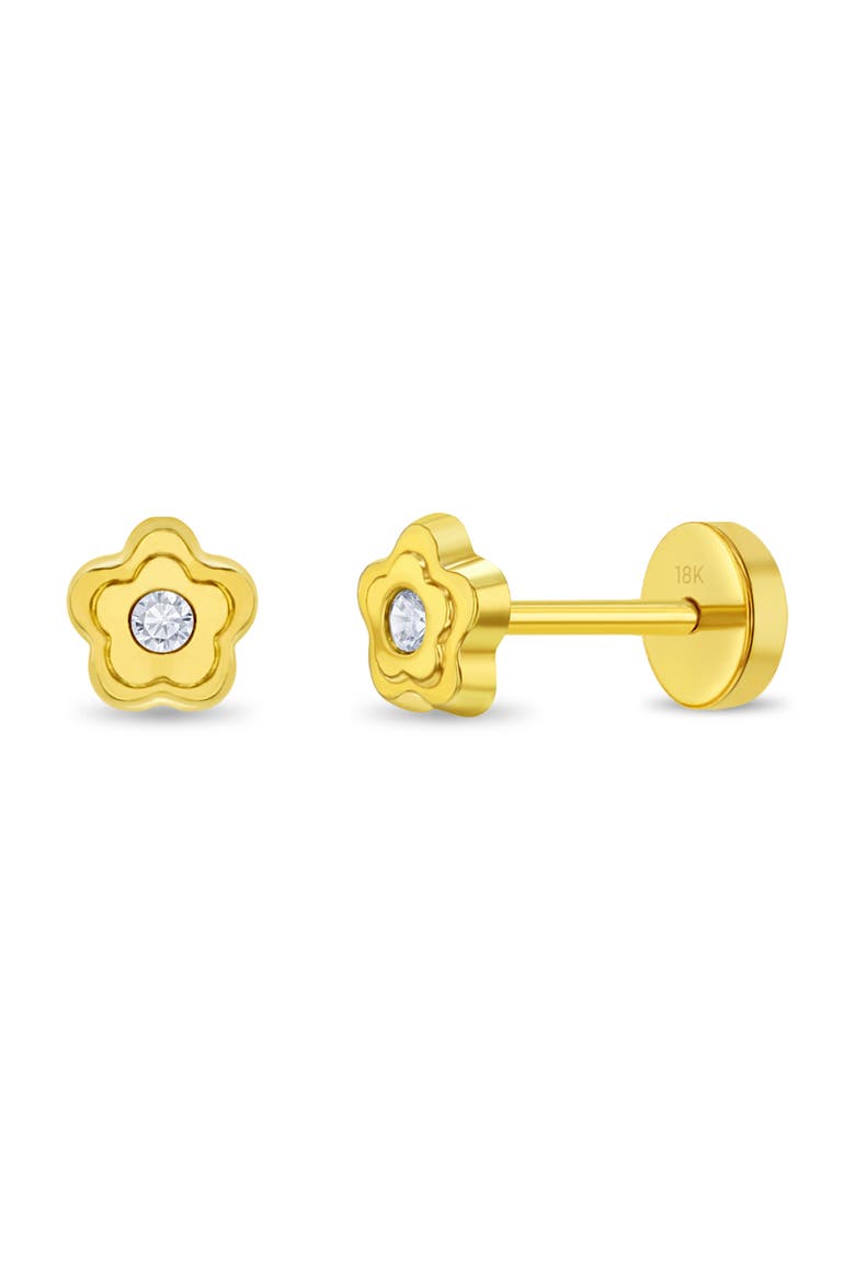 18k Bezel Flower Girl Earrings, Main, color, Gold
