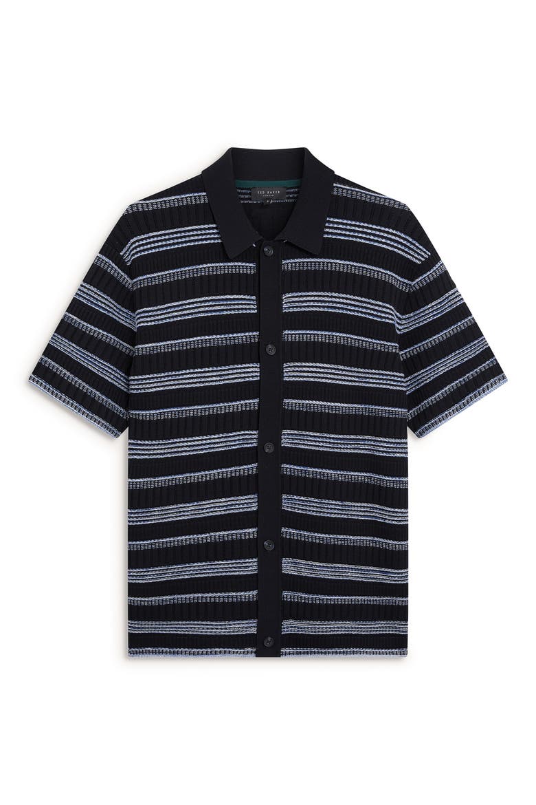 Florem Stripe Short Sleeve Knit Button-Up Shirt, Alternate, color, NAVY