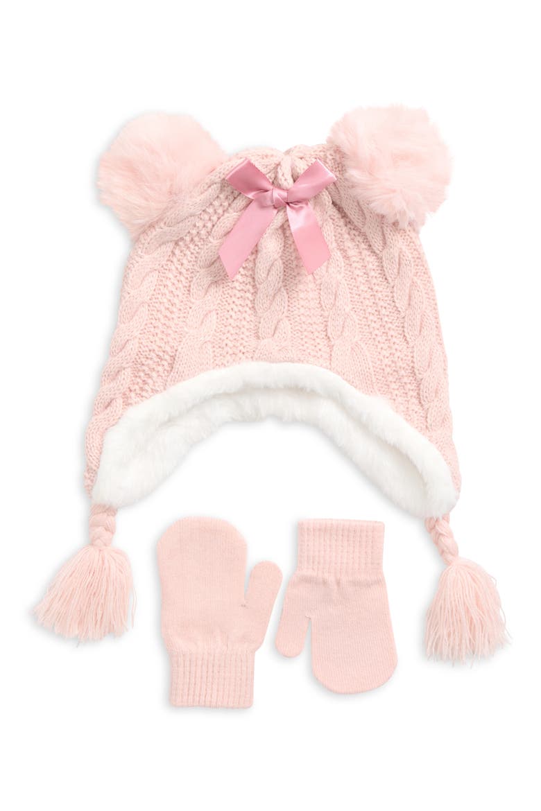Kids' Cable Knit Earflap Hat & Mittens Set, Main, color, PINK COMBO