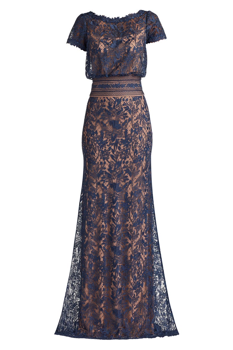 Lace Blouson Bodice Gown, Alternate, color, NAVY/ NUDE