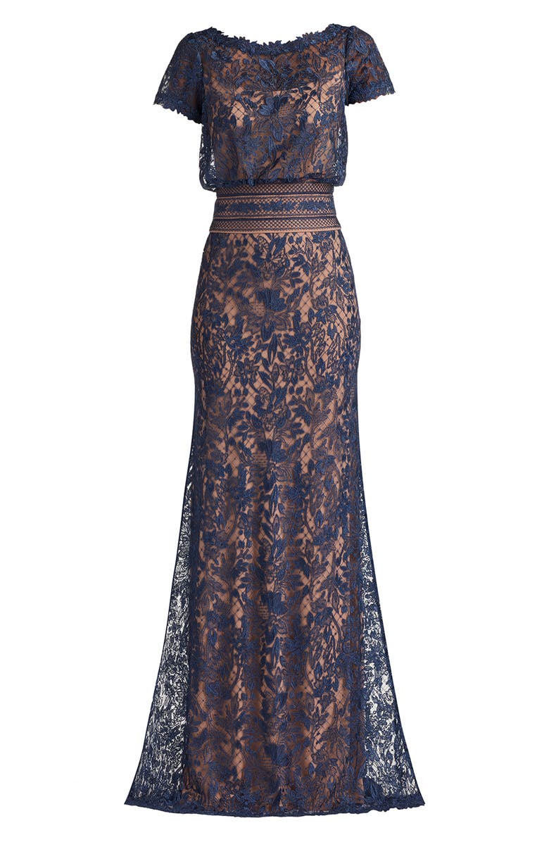 Tadashi Shoji Lace Blouson Bodice Gown, Alternate, color, Navy/ Nude