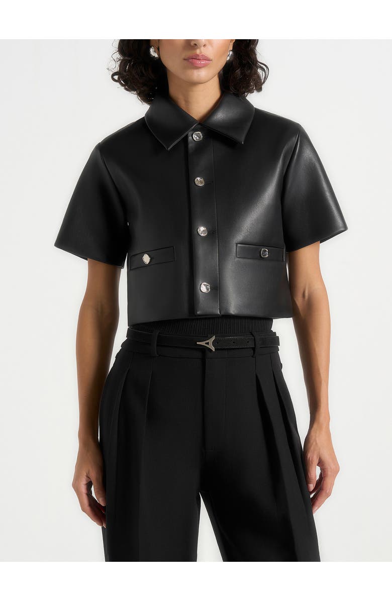 Manière De Voir Dory Leather Cropped Shirt, Alternate, color, Black