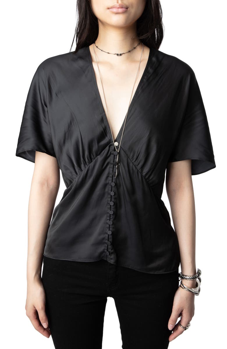Zadig & Voltaire Thodri Plunge Neck Satin Top, Main, color, 