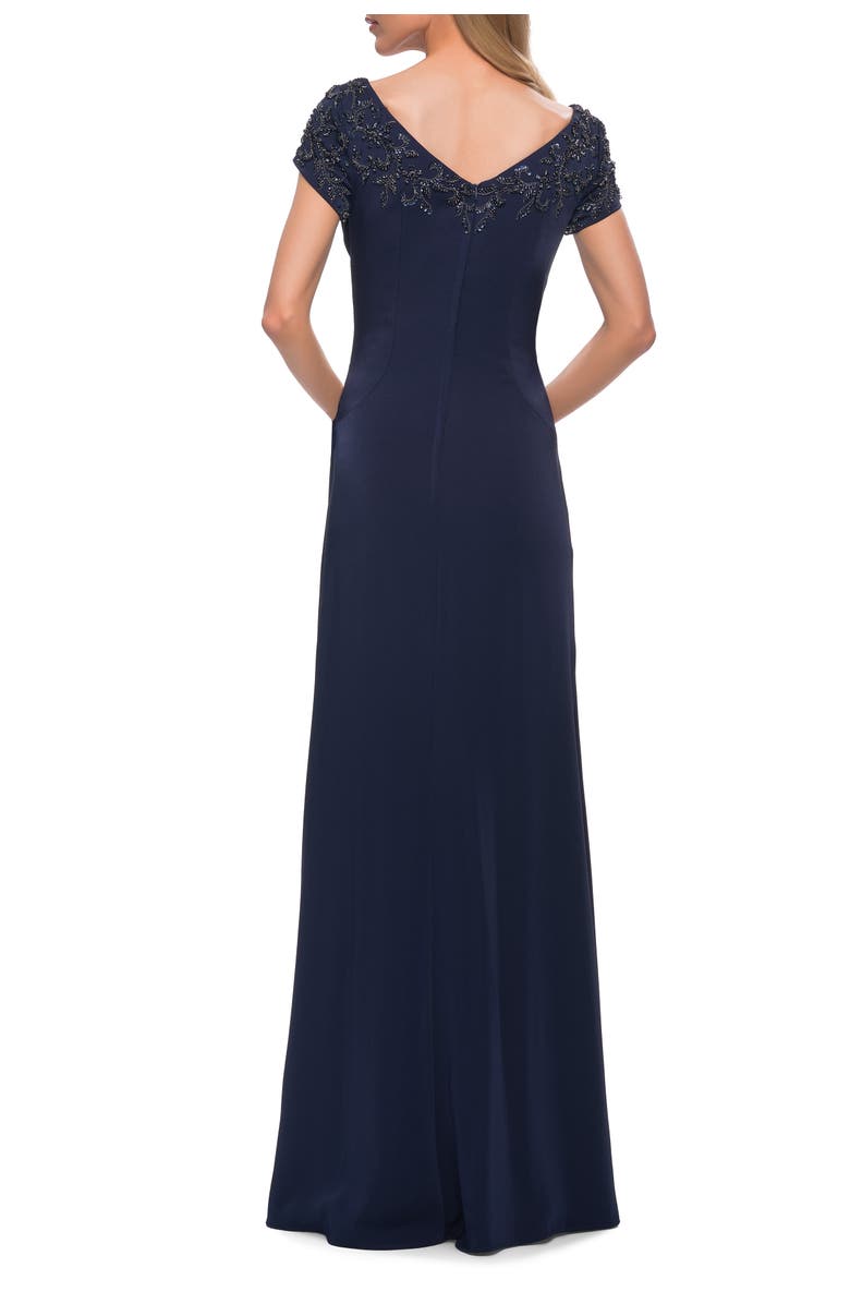La Femme Short Sleeve Evening Dress with Beaded Neckline, Alternate, color, Navy