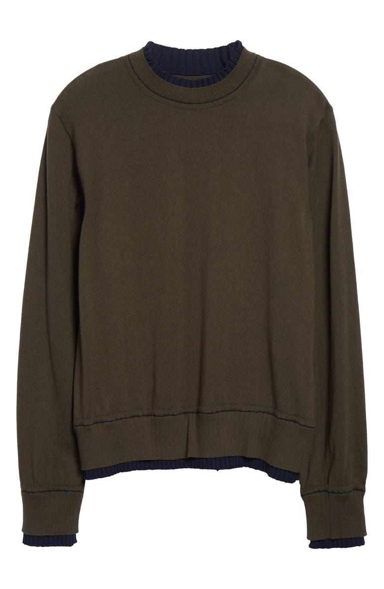 Sacai Layered Cotton & Cashmere Crewneck Sweater, Alternate, color, Khaki/ Navy