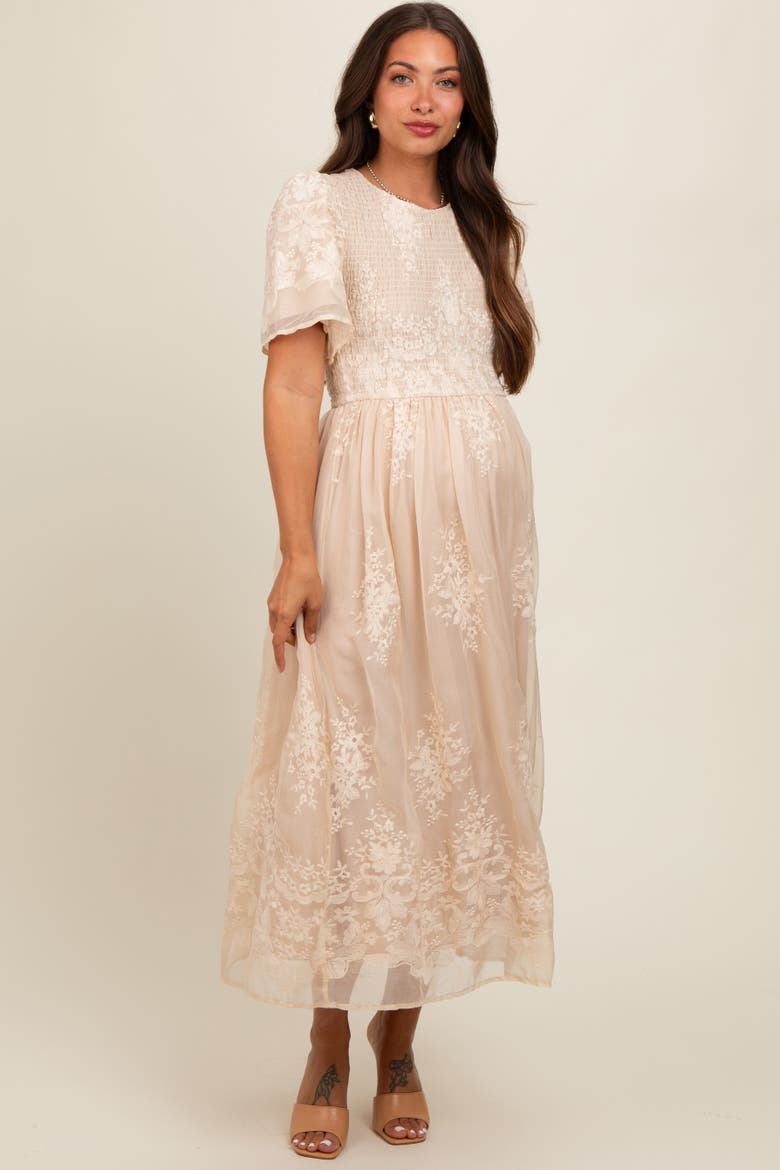 Embroidered Smocked Midi Dress, Alternate, color, Cream