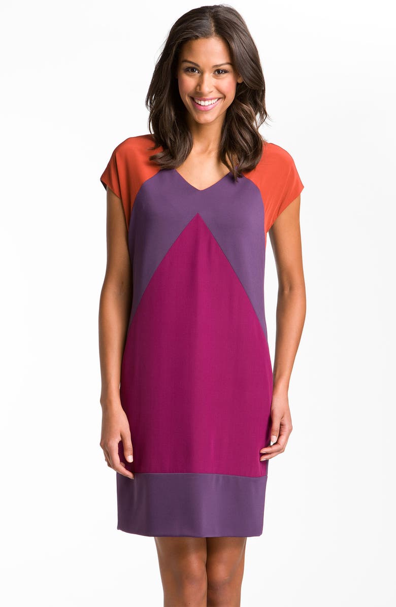 Suzi Chin for Maggy Boutique Chevron Colorblock Mixed Media Shift Dress, Main, color,