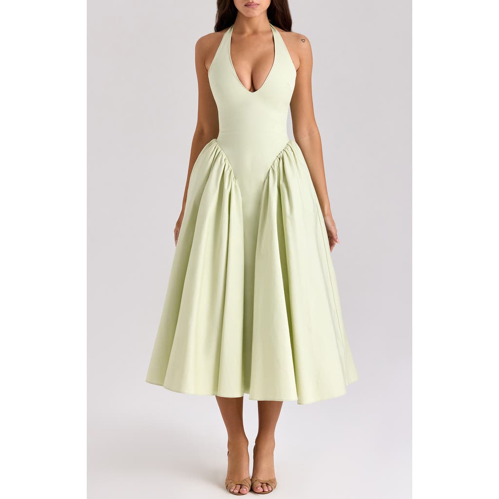 House Of Cb Of Cb Womens Marilyn Halter Stretch-cotton Midi Dress Pistachio In Tender Greens