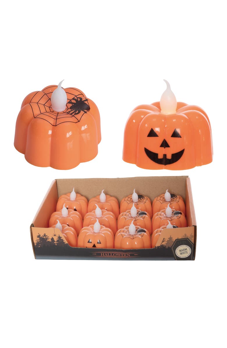Transpac LED Pumpkin Tea Light Set of 2 Flameless Candles Halloween, Main, color, Orange
