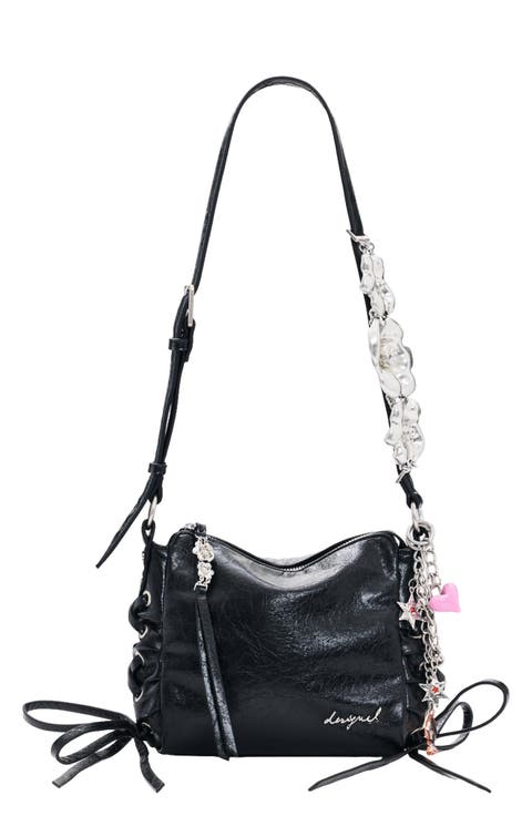 Large Charm Detail Faux Leather Crossbody Bag