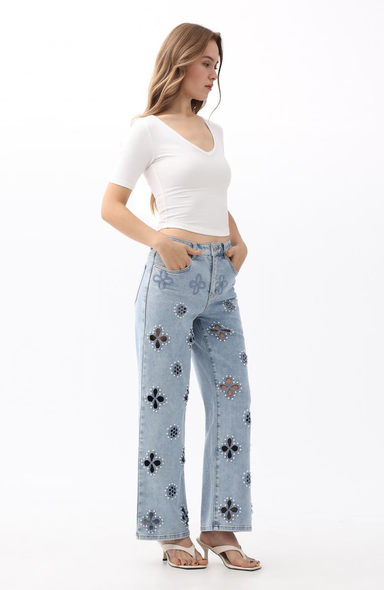 Bayeas Studded Eyelet High Waist Straight Leg Jeans, Alternate, color, Mistyway