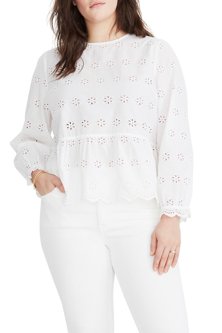 Eyelet Keyhole Peplum Top, Alternate, color, EYELET WHITE