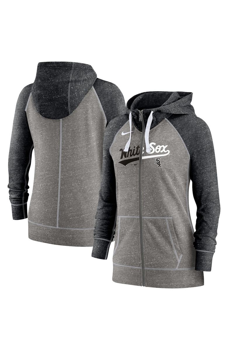 Nike Women's Nike Heathered Charcoal/Heathered Black Chicago White Sox Split Wordmark Gym Vintage Raglan Slub Full-Zip Hoodie, Main, color, Heather Charcoal