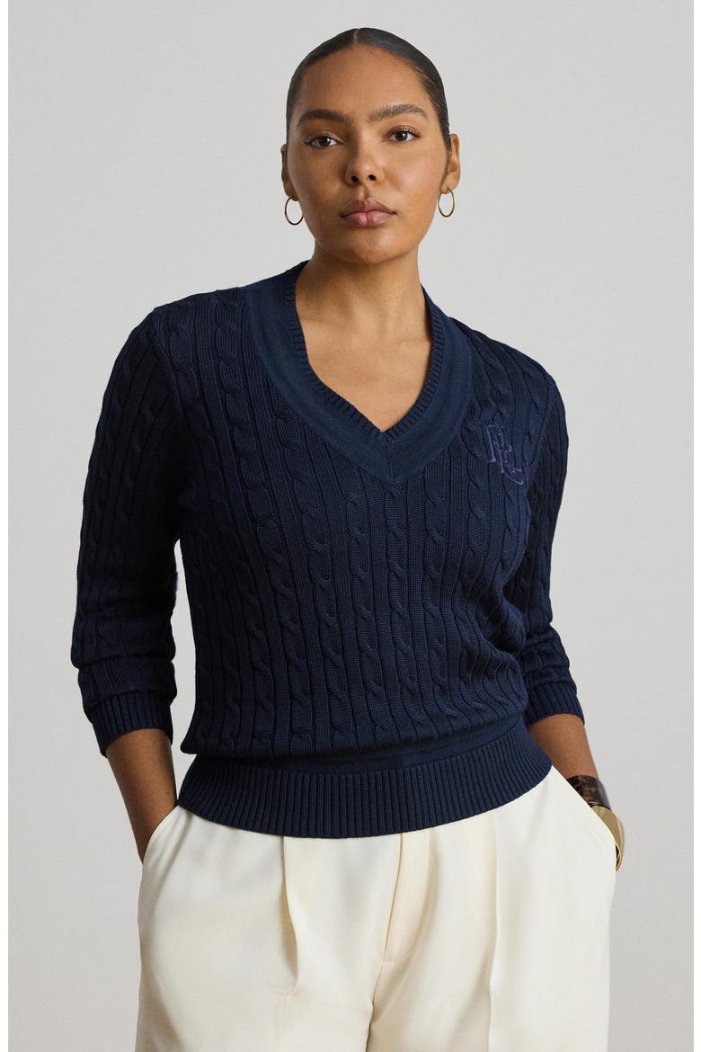 Bright Cable Knit Sweater, Alternate, color, LAUREN NAVY BLUE