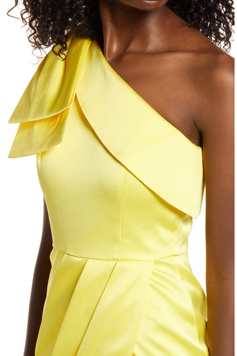 Bow One-Shoulder Satin Dress, Alternate, color, LEMON YELLOW