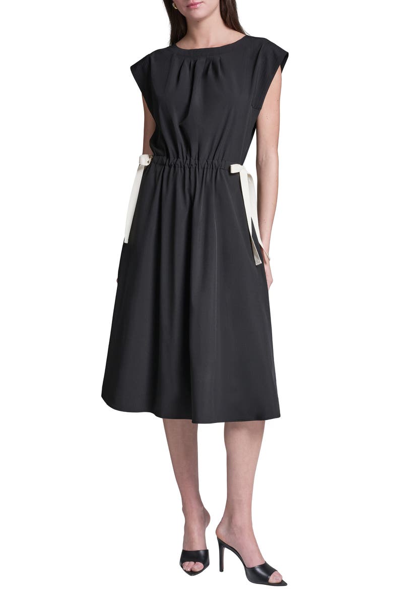 Bow Crepe Midi Dress, Main, color, BLACK