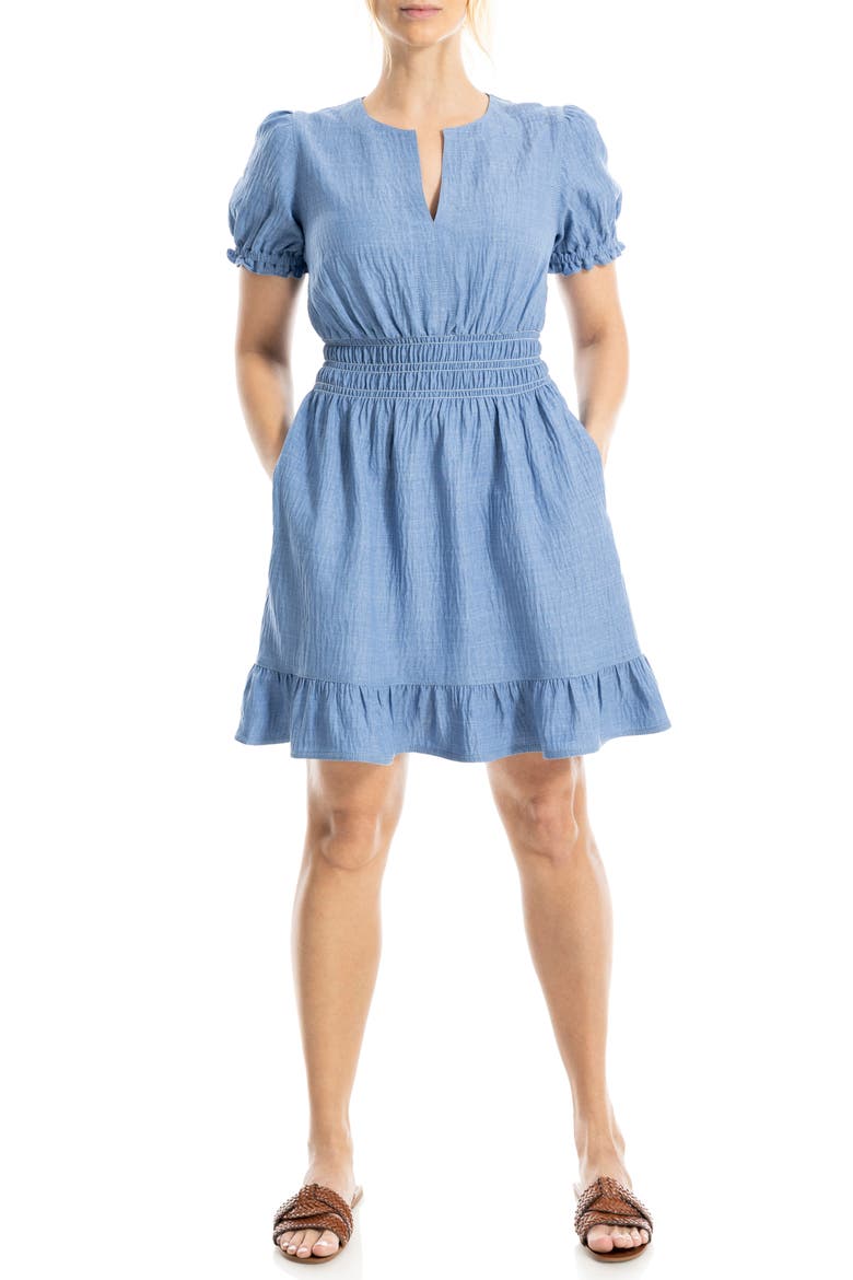 Puff Sleeve Fit & Flare Dress, Main, color, HEATHER CHAMBRAY