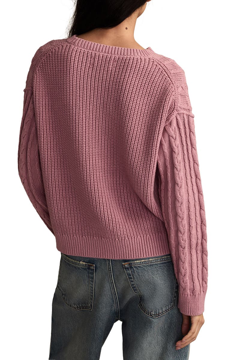 Lucky Brand Cable Stitch Crewneck Cotton Sweater, Alternate, color, Lilas