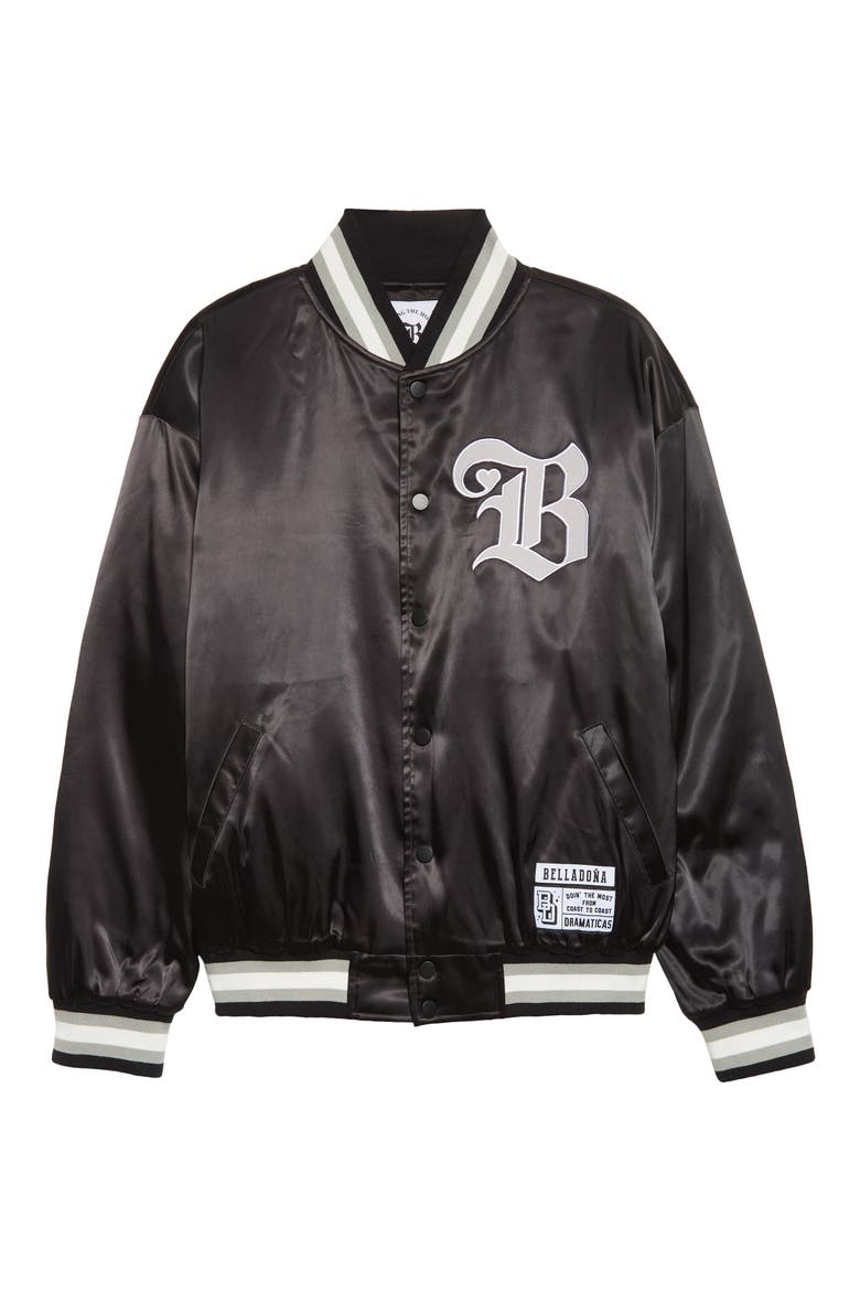 Love Satin Bomber Jacket, Alternate, color, BLACK