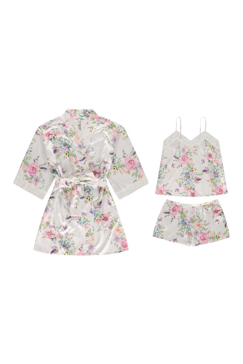 Sabrina Floral Print Satin Short Pajamas & Robe Set, Alternate, color, PEARL