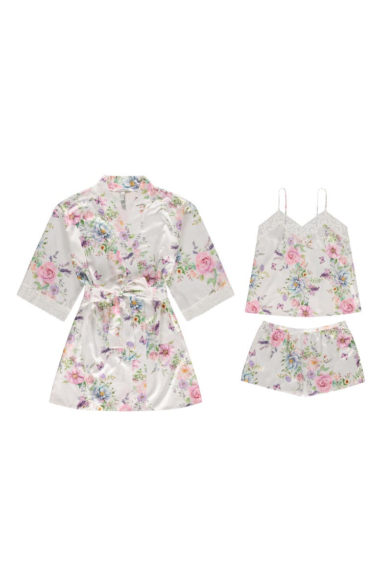 Flora Nikrooz Sabrina Floral Print Satin Short Pajamas & Robe Set, Alternate, color, Pearl