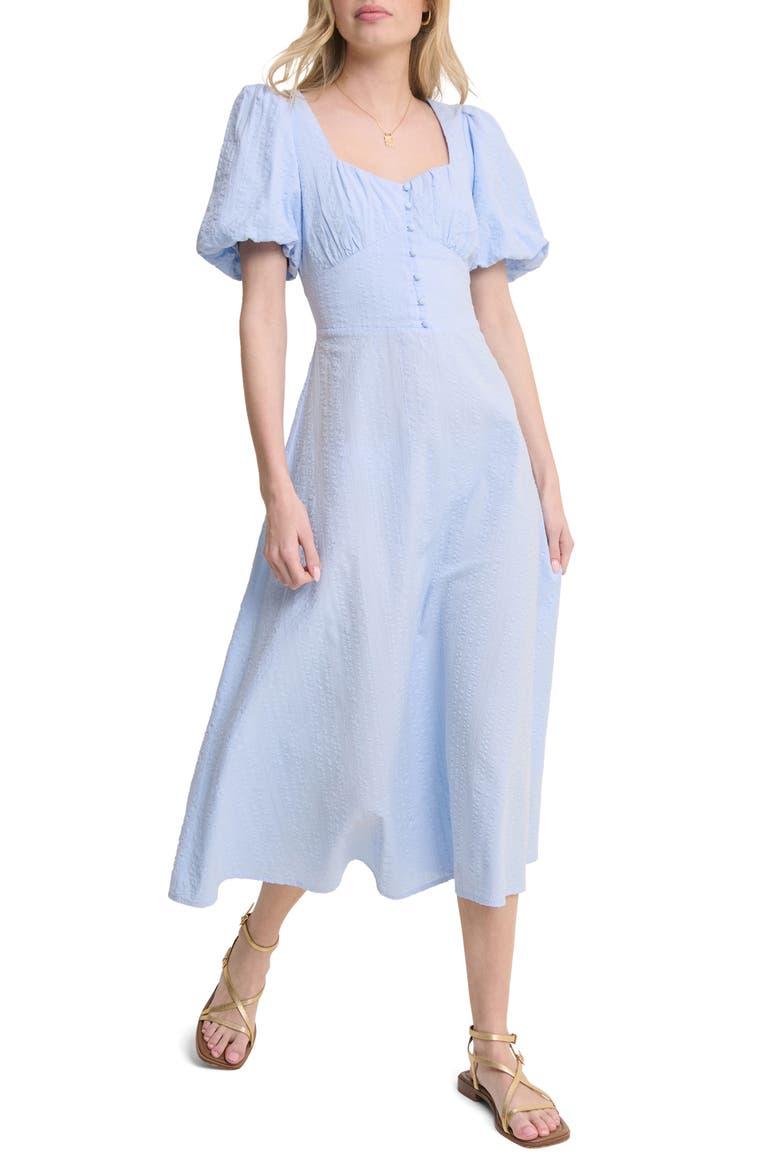 Melody Texture Puff Sleeve Organic Cotton Midi Dress, Alternate, color, BLUE