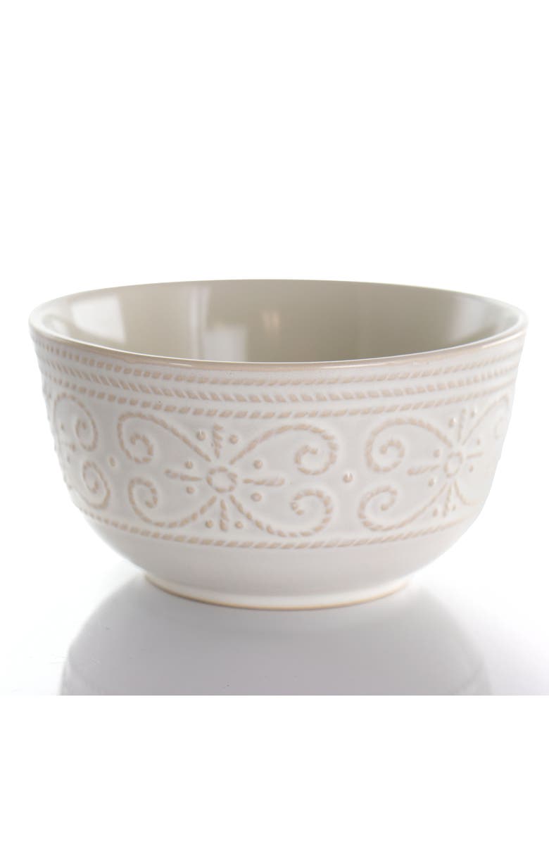 Elama Luna 16 Piece Embossed Scalloped Stoneware Dinnerware Set, Alternate, color, White