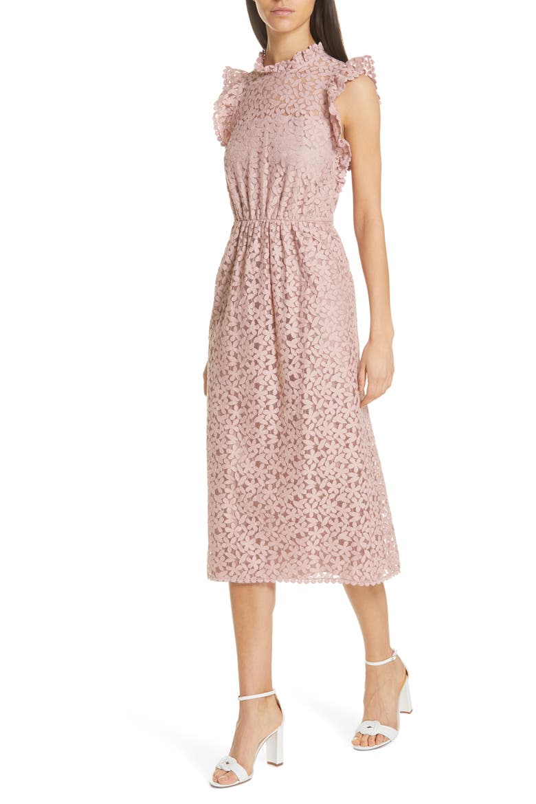 flora lace ruffle dress, Alternate, color, STRAWBERRY MOCHI