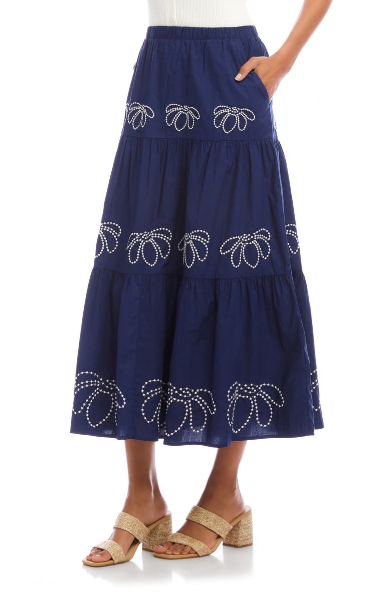 Karen Kane Embroidered Tiered Cotton Midi Skirt, Alternate, color,