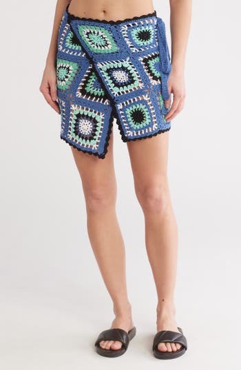 Shop Elan Crochet Cover-up Wrap Skirt In Blue Multi