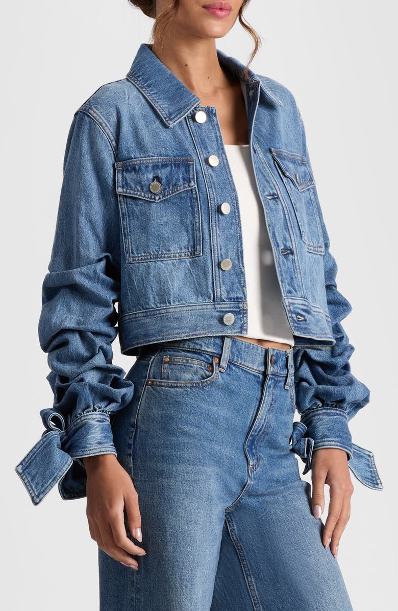 Alice + Olivia Tiff Bow Cuff Crop Denim Jacket, Alternate, color, 