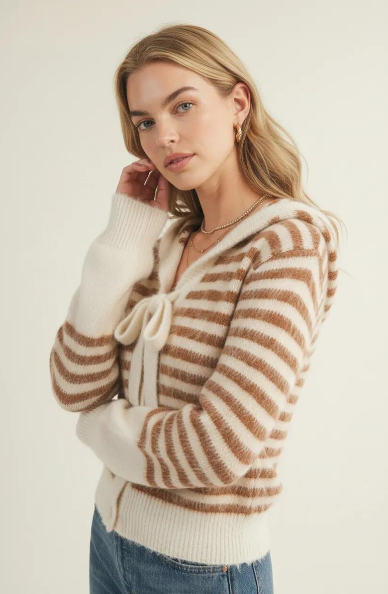 Modenaire Striped Button-Up Cardigan Hoodie with Ribbon Tie and Ribbed Hem, Alternate, color, Ivory / Brown Stripes