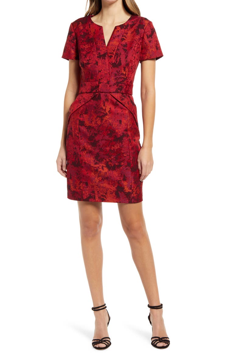 Jacquard Bow Sheath Cocktail Dress, Main, color, RED