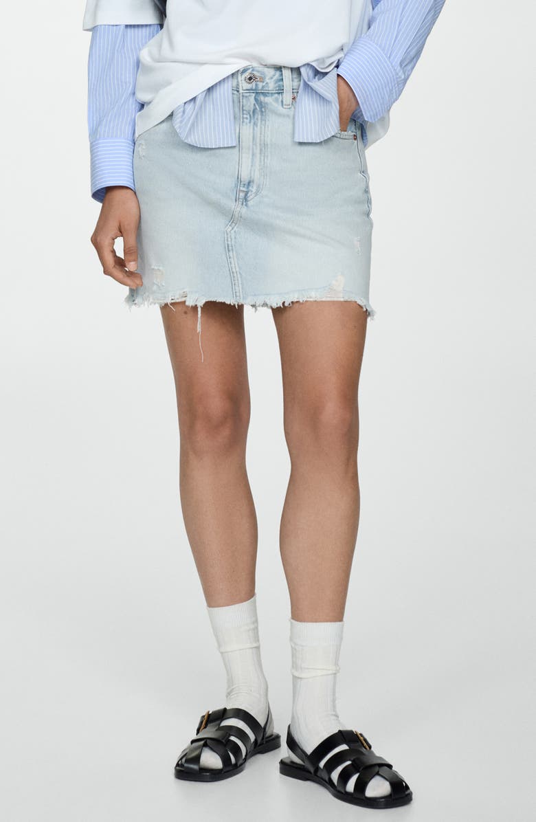 MANGO Frayed High Waist Denim Miniskirt, Main, color, Light Blue