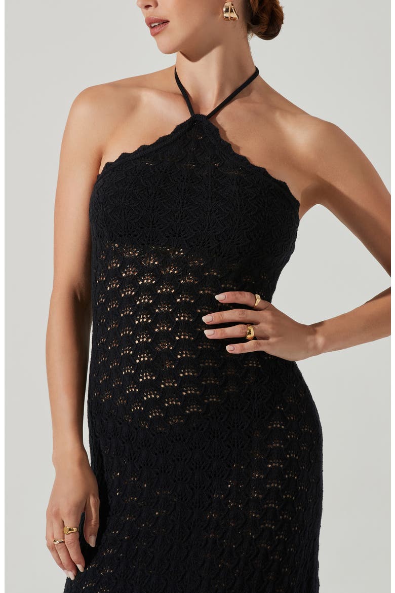 Shira Pointelle Stitch Halter Maxi Dress, Alternate, color, BLACK